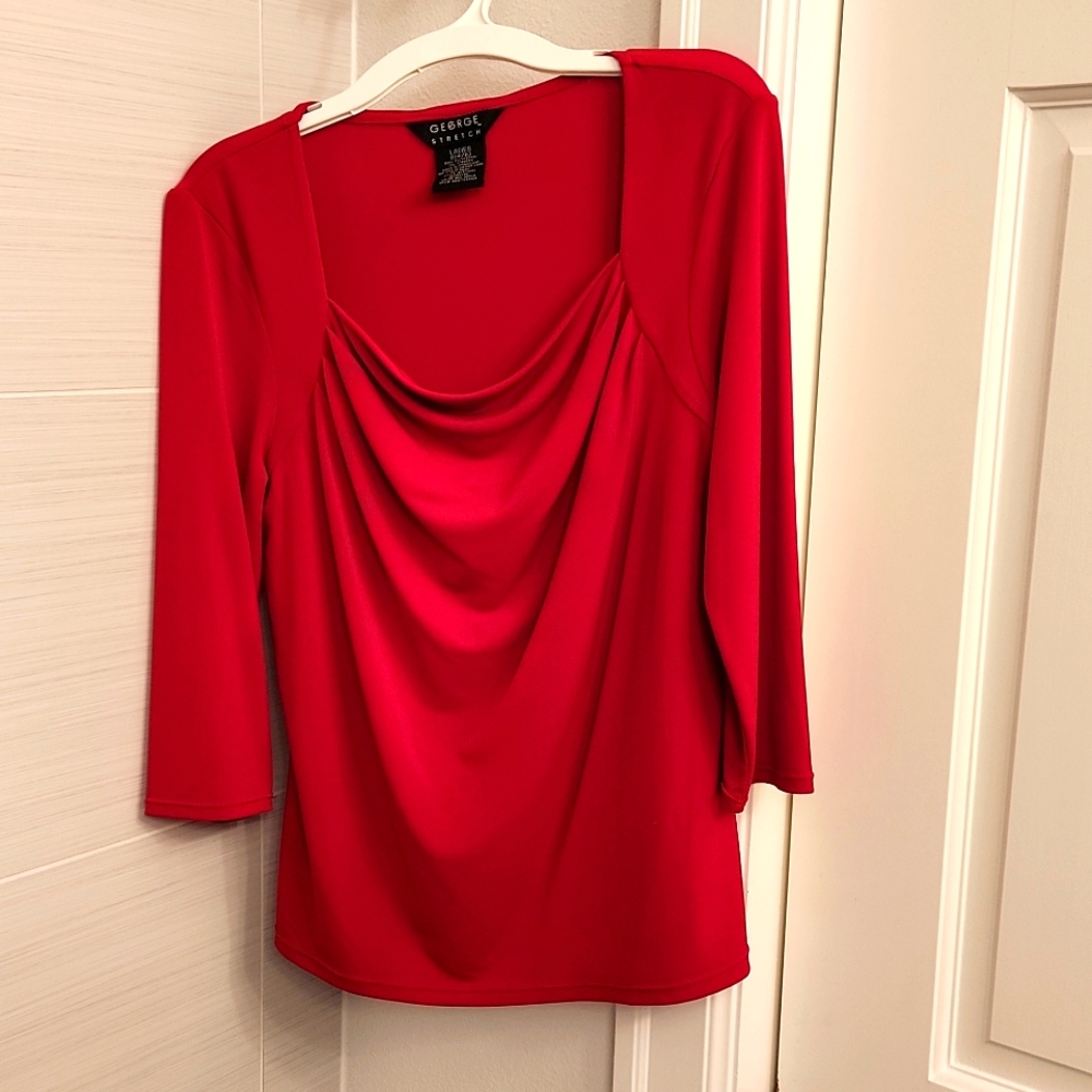 Red blouse with a square cowl neck